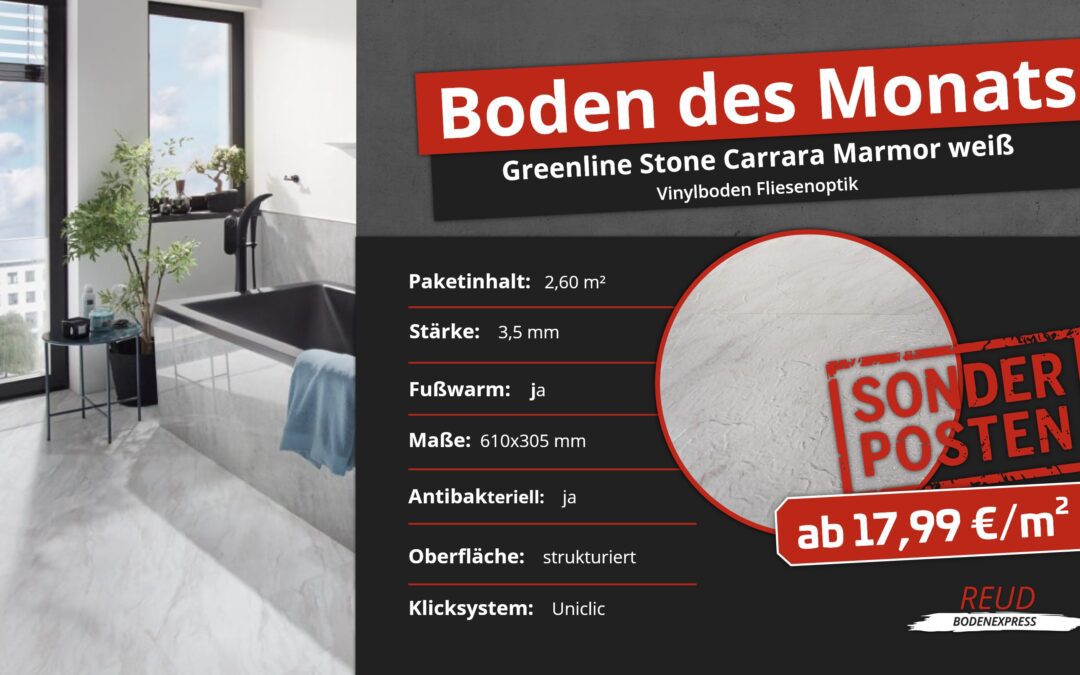 GreenLine Stone Fliesenoptik Carrara Marmor weiß Vinylboden | Boden des Monats April